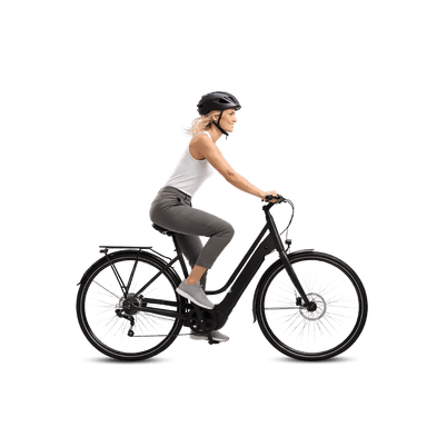 Työsuhdepyörää käyttävä nainen pyöräilee kaupunkipyörällä.