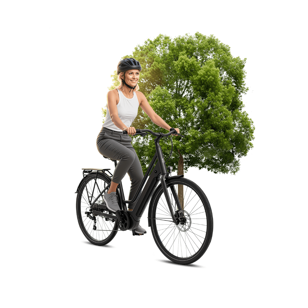 Työsuhdepyörä arjen liikkumisessa – nainen pyöräilee kypärä päässä puun vierellä.